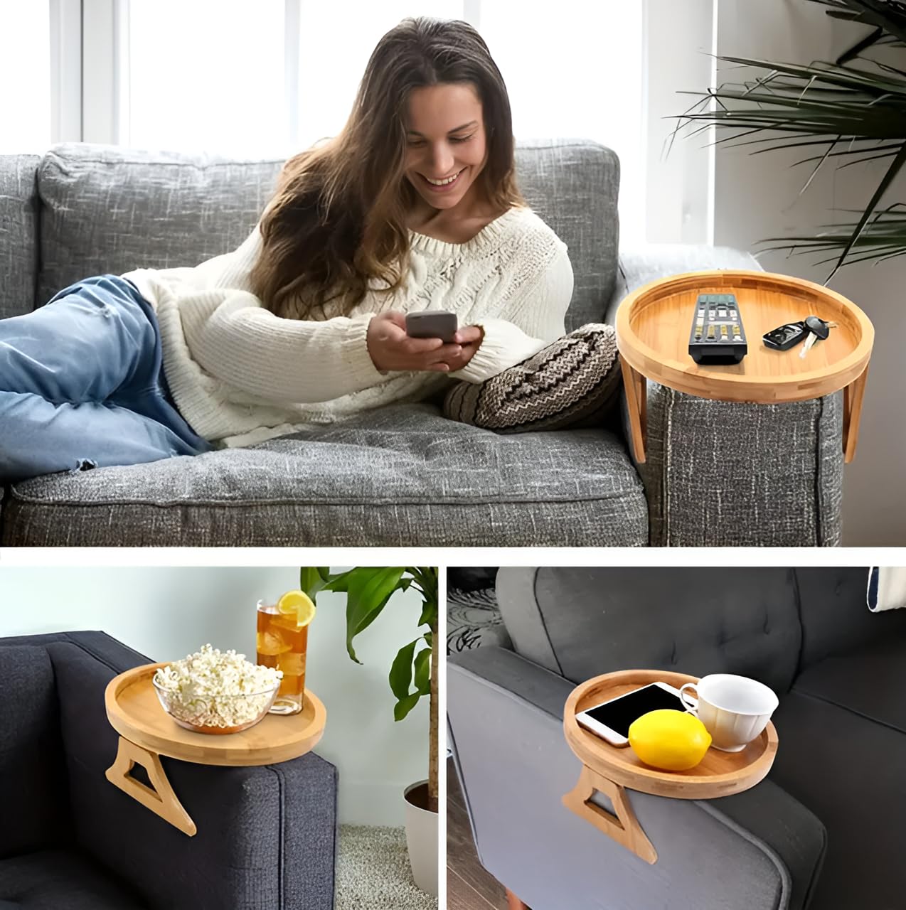 Natural Bamboo Sofa Armrest Tray